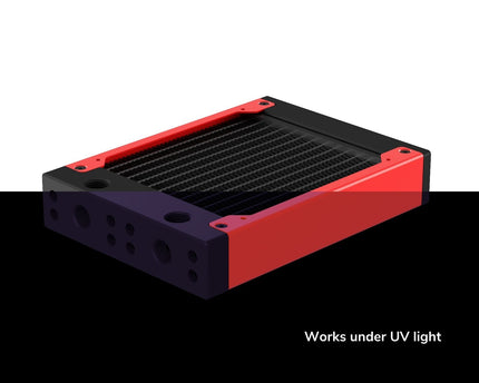 PrimoChill 120SL (30mm) EXIMO Modular Radiator, Black POM, 1x120mm, Single Fan (R-SL-BK12) Available in 20+ Colors, Assembled in USA and Custom Watercooling Loop Ready - PrimoChill - KEEPING IT COOL UV Red
