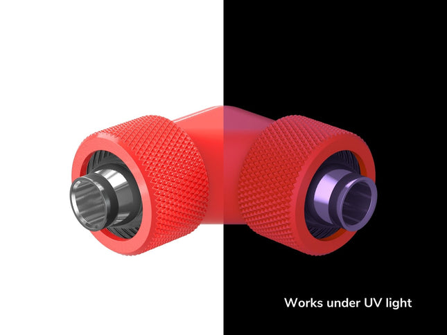 PrimoChill SecureFit SX - Premium 90 Degree Compression Fitting Set For 7/16in ID x 5/8in OD Flexible Tubing (F-SFSX75890) - Available in 20+ Colors, Custom Watercooling Loop Ready - PrimoChill - KEEPING IT COOL UV Red