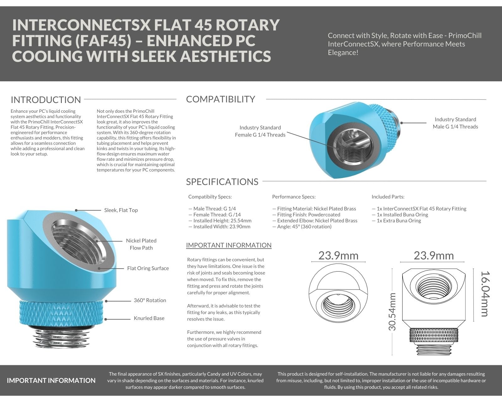 PrimoChill InterConnectSX Flat 45 Degree Rotary Fitting (FAF45) – Enhanced PC Cooling with Sleek Aesthetics - Available in 20+ Colors, Custom Watercooling Loop Ready - Sky Blue