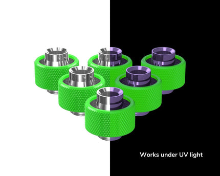 PrimoChill SecureFit SX - Premium Compression Fittings 6 Pack - For 1/2in ID x 3/4in OD Flexible Tubing (F-SFSX34-6) - Available in 20+ Colors, Custom Watercooling Loop Ready - UV Green