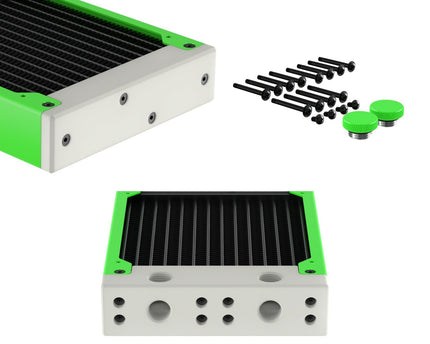 PrimoChill 360SL (30mm) EXIMO Modular Radiator, White POM, 3x120mm, Triple Fan (R-SL-W36) Available in 20+ Colors, Assembled in USA and Custom Watercooling Loop Ready - UV Green
