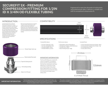 PrimoChill SecureFit SX - Premium Compression Fittings 6 Pack - For 1/2in ID x 3/4in OD Flexible Tubing (F-SFSX34-6) - Available in 20+ Colors, Custom Watercooling Loop Ready - Candy Purple