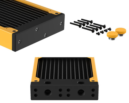 PrimoChill 240SL (30mm) EXIMO Modular Radiator, Black POM, 2x120mm, Dual Fan (R-SL-BK24) Available in 20+ Colors, Assembled in USA and Custom Watercooling Loop Ready - Yellow