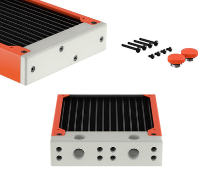 PrimoChill 120SL (30mm) EXIMO Modular Radiator, White POM, 1x120mm, Single Fan (R-SL-W12) Available in 20+ Colors, Assembled in USA and Custom Watercooling Loop Ready - UV Orange
