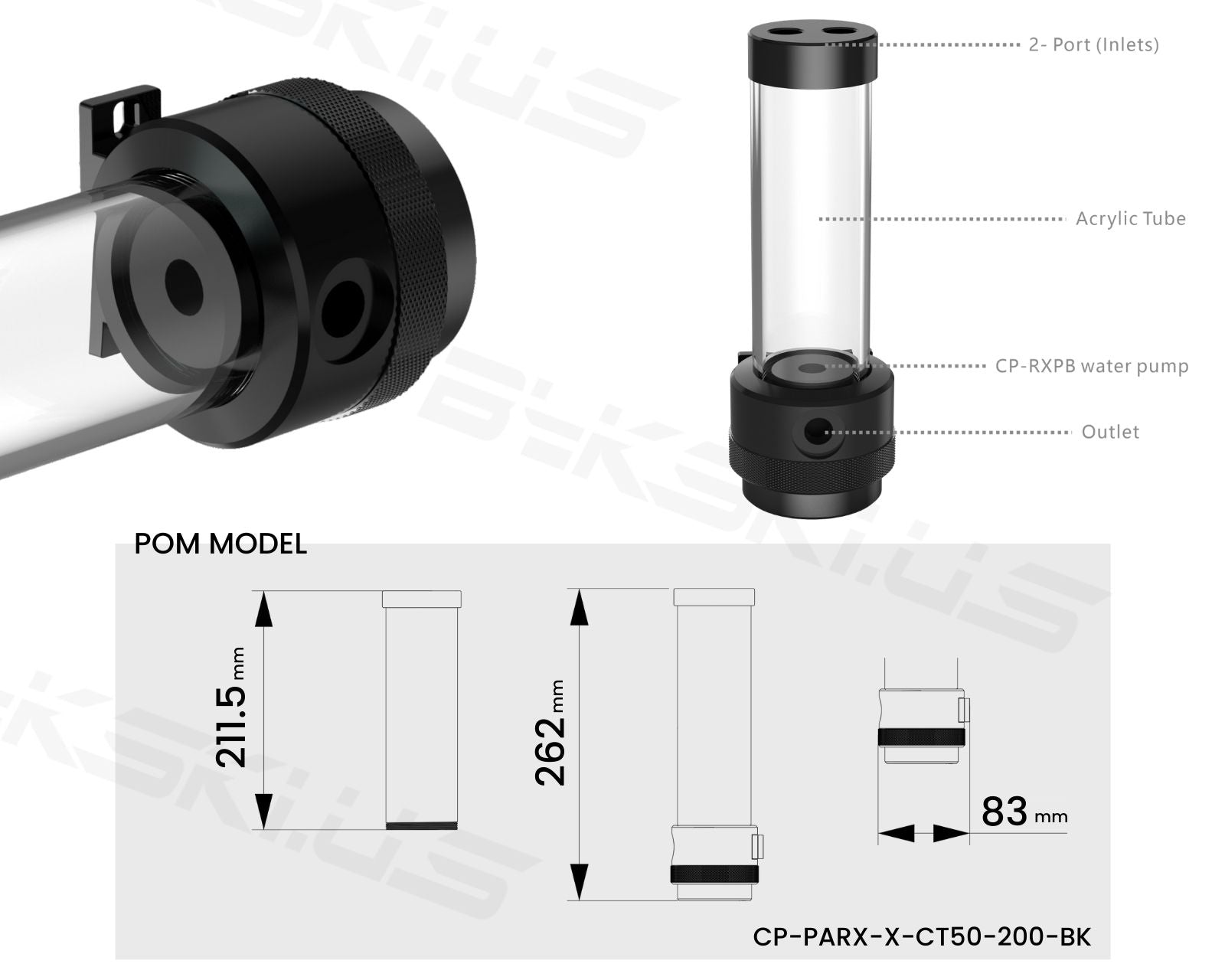 Bykski Silent PARX Pump (330L/H) / 200mm PMMA Reservoir Combo, Armored / POM - Black - (CP-PARX-X-CT50-200-BK)