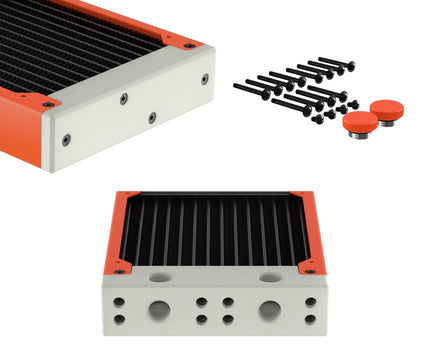 PrimoChill 360SL (30mm) EXIMO Modular Radiator, White POM, 3x120mm, Triple Fan (R-SL-W36) Available in 20+ Colors, Assembled in USA and Custom Watercooling Loop Ready - UV Orange