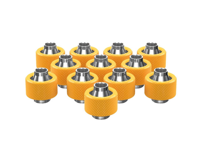 PrimoChill SecureFit SX - Premium Compression Fitting For 7/16in ID x 5/8in OD Flexible Tubing 12 Pack (F-SFSX758-12) - Available in 20+ Colors, Custom Watercooling Loop Ready - PrimoChill - KEEPING IT COOL Yellow