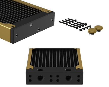 PrimoChill 240SL (30mm) EXIMO Modular Radiator, Black POM, 2x120mm, Dual Fan (R-SL-BK24) Available in 20+ Colors, Assembled in USA and Custom Watercooling Loop Ready - Candy Gold