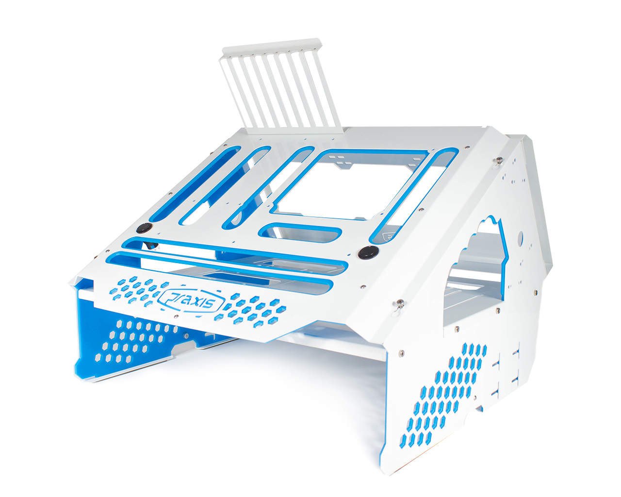 PrimoChill's Praxis Wetbench Powdercoated Steel Modular Open Air Computer Test Bench for Watercooling or Air Cooled Components - PrimoChill - KEEPING IT COOL White w/Solid Light Blue Accents