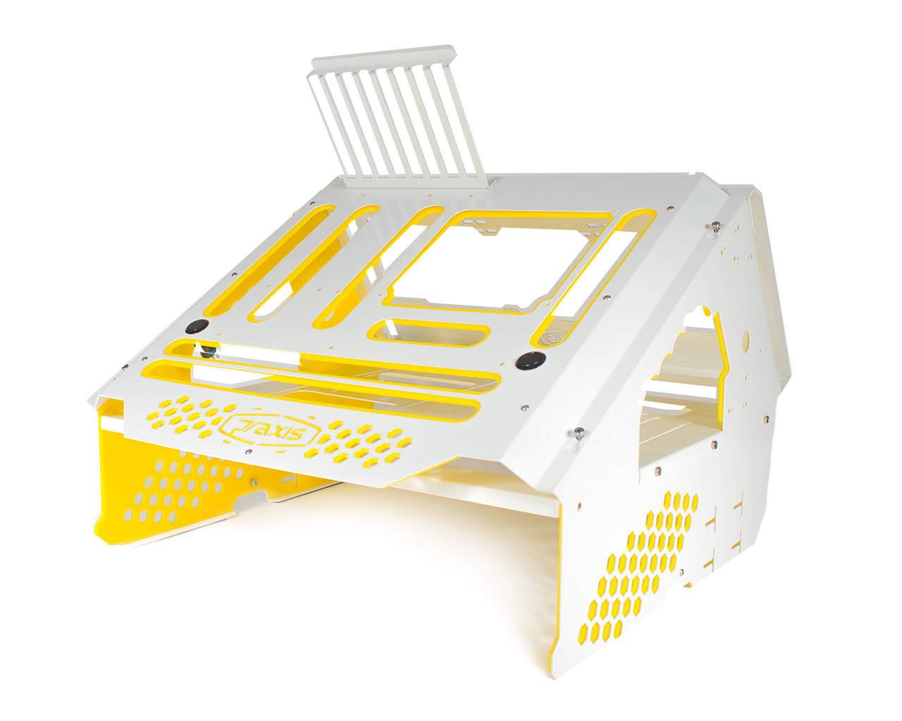 PrimoChill's Praxis Wetbench Powdercoated Steel Modular Open Air Computer Test Bench for Watercooling or Air Cooled Components - PrimoChill - KEEPING IT COOL White w/Solid Yellow Accents