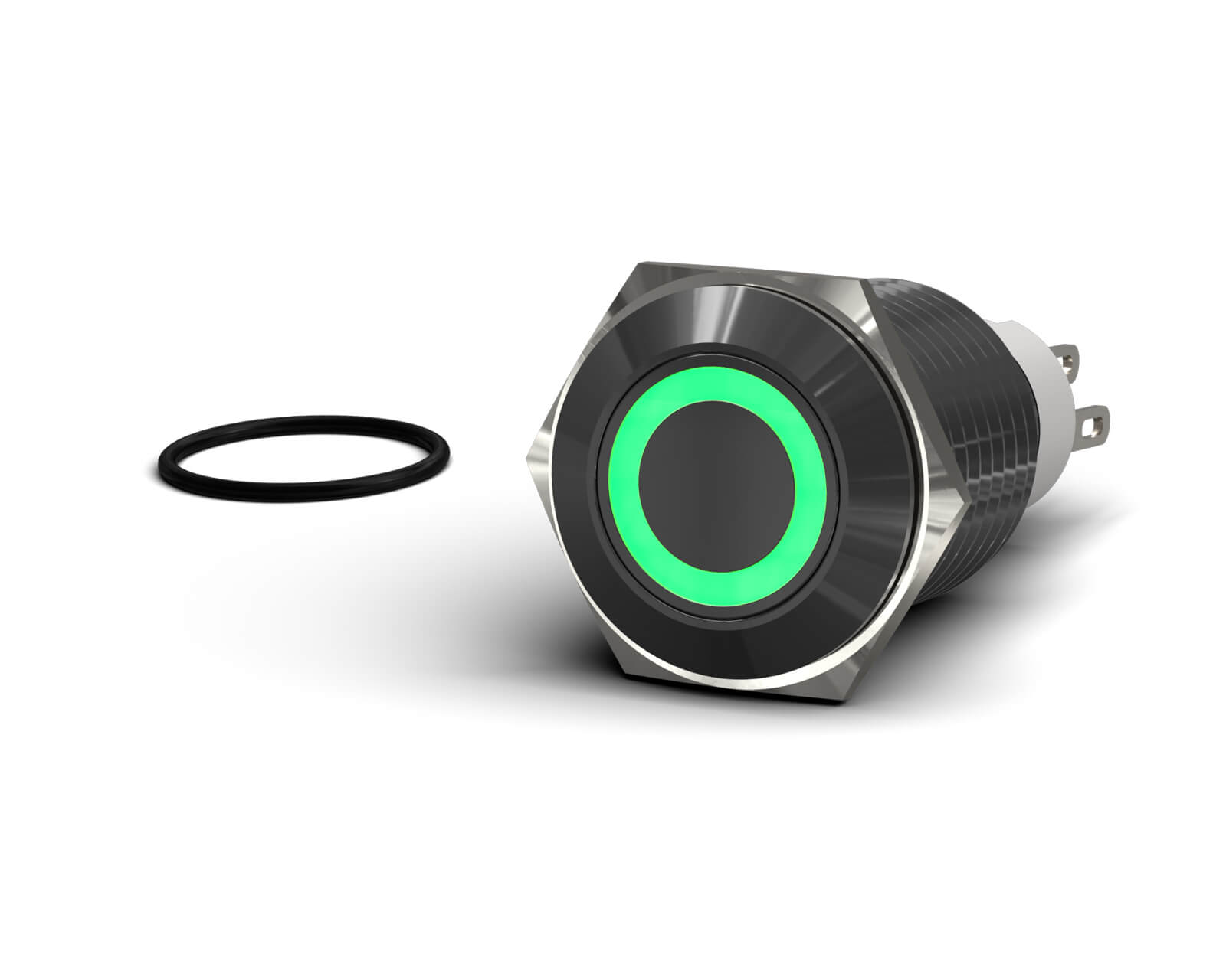 PrimoChill Black Aluminum Latching Vandal Resistant Switch - 16mm - PrimoChill - KEEPING IT COOL Green LED Ring