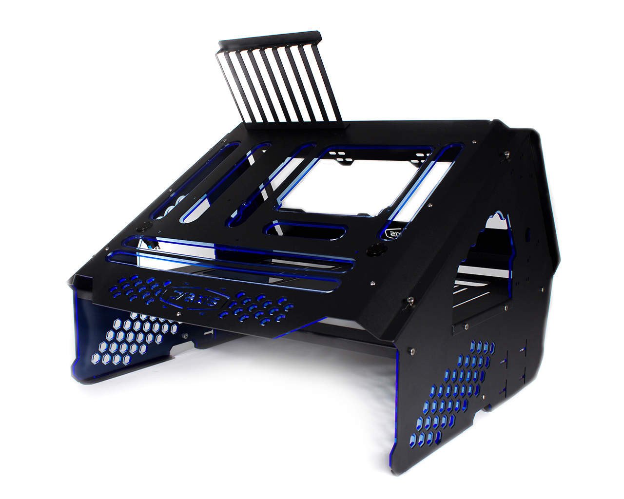 PrimoChill's Praxis Wetbench Powdercoated Steel Modular Open Air Computer Test Bench for Watercooling or Air Cooled Components - PrimoChill - KEEPING IT COOL Black w/UV Blue Accents