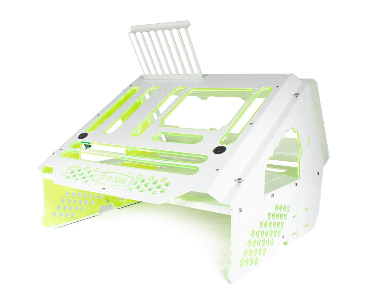 PrimoChill's Praxis Wetbench Powdercoated Steel Modular Open Air Computer Test Bench for Watercooling or Air Cooled Components - PrimoChill - KEEPING IT COOL White w/UV Green Accents