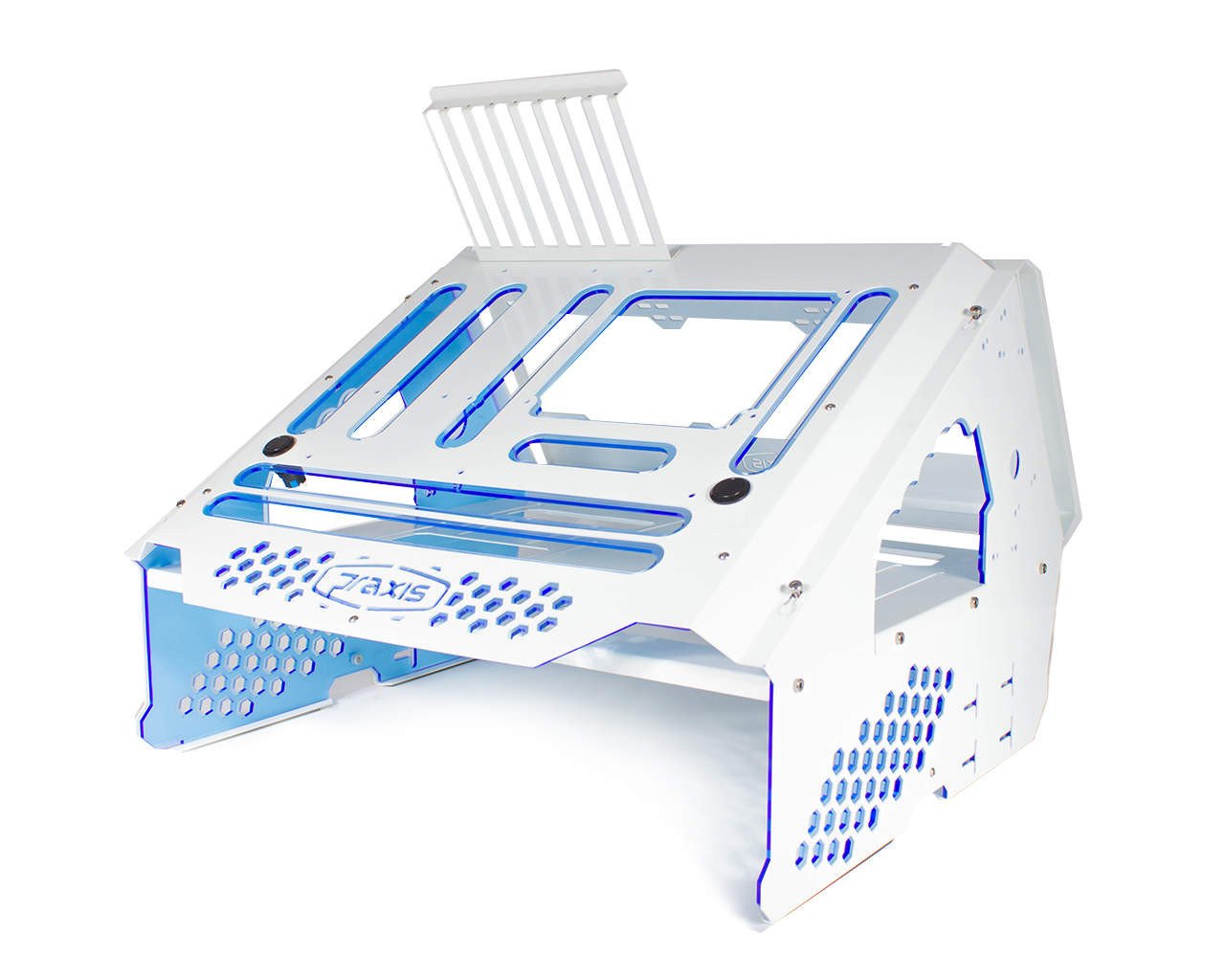 PrimoChill's Praxis Wetbench Powdercoated Steel Modular Open Air Computer Test Bench for Watercooling or Air Cooled Components - PrimoChill - KEEPING IT COOL White w/UV Blue Accents