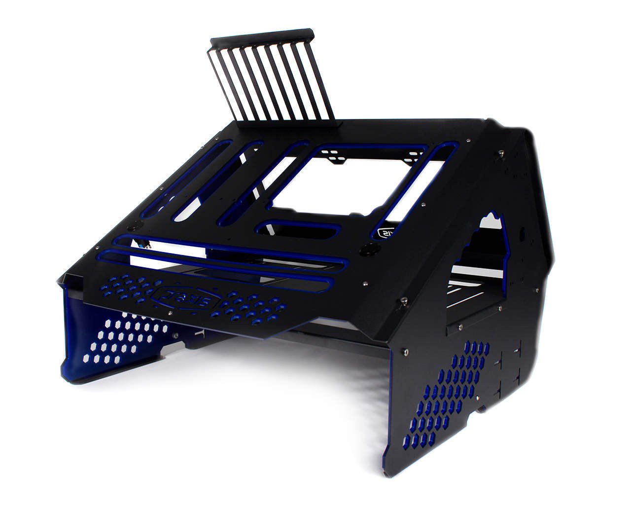 PrimoChill's Praxis Wetbench Powdercoated Steel Modular Open Air Computer Test Bench for Watercooling or Air Cooled Components - PrimoChill - KEEPING IT COOL Black w/Solid Blue Accents
