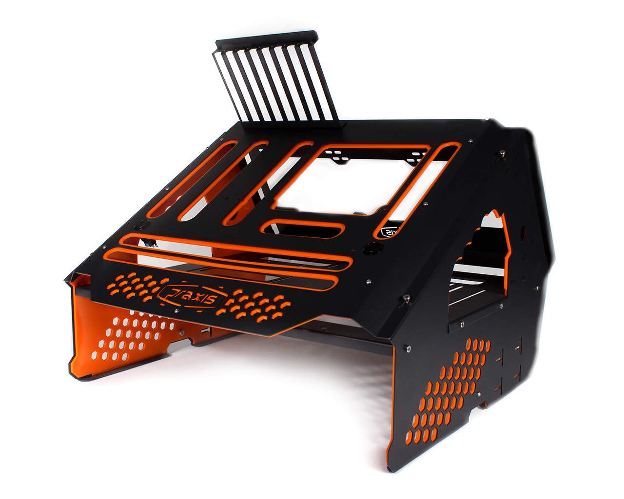 PrimoChill's Praxis Wetbench Powdercoated Steel Modular Open Air Computer Test Bench for Watercooling or Air Cooled Components - PrimoChill - KEEPING IT COOL Black w/ Solid Orange Accents