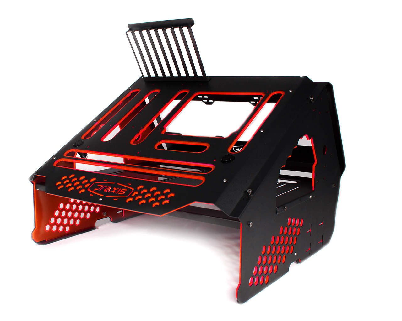 PrimoChill's Praxis Wetbench Powdercoated Steel Modular Open Air Computer Test Bench for Watercooling or Air Cooled Components - PrimoChill - KEEPING IT COOL Black w/UV Red/Pink Accents