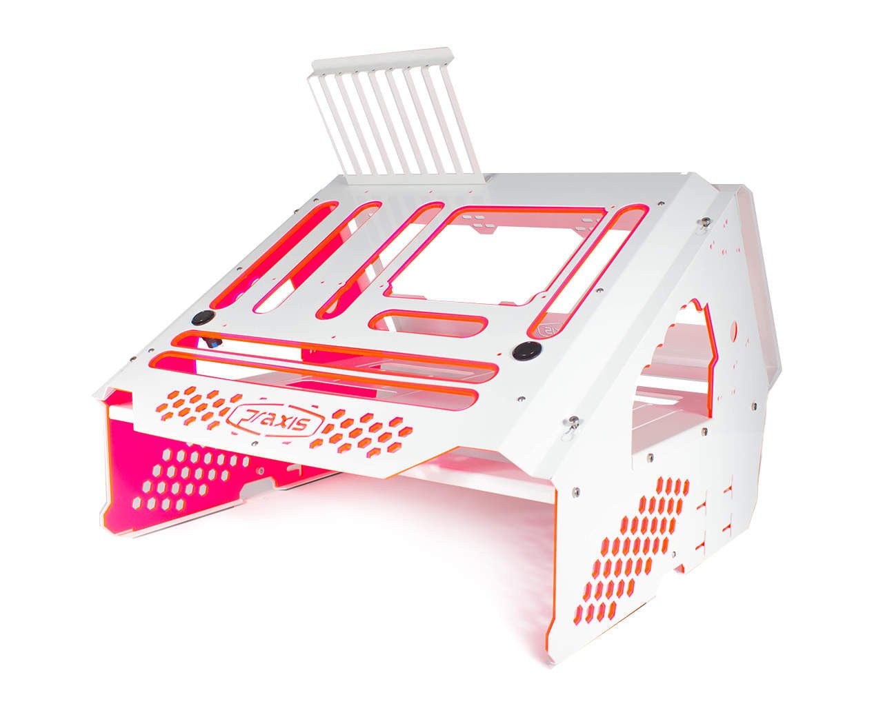 PrimoChill's Praxis Wetbench Powdercoated Steel Modular Open Air Computer Test Bench for Watercooling or Air Cooled Components - PrimoChill - KEEPING IT COOL White w/UV Red/Pink Accents
