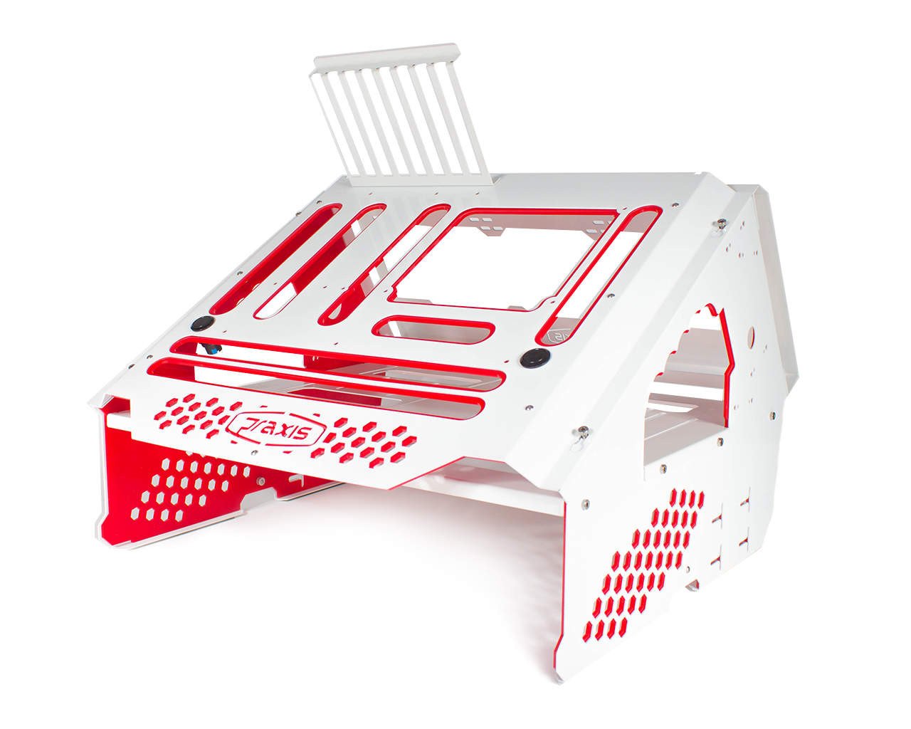 PrimoChill's Praxis Wetbench Powdercoated Steel Modular Open Air Computer Test Bench for Watercooling or Air Cooled Components - PrimoChill - KEEPING IT COOL White w/Solid Red Accents