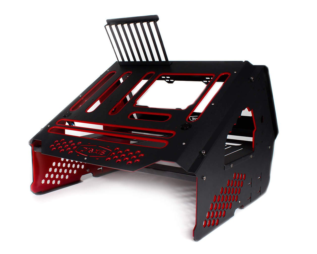 PrimoChill's Praxis Wetbench Powdercoated Steel Modular Open Air Computer Test Bench for Watercooling or Air Cooled Components - PrimoChill - KEEPING IT COOL Black w/ Solid Red Accents