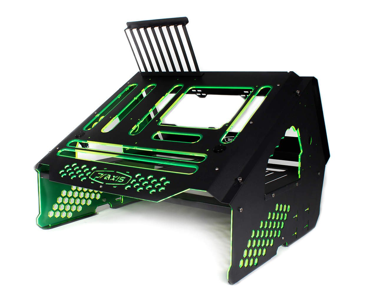 PrimoChill's Praxis Wetbench Powdercoated Steel Modular Open Air Computer Test Bench for Watercooling or Air Cooled Components - PrimoChill - KEEPING IT COOL Black w/UV Green Accents