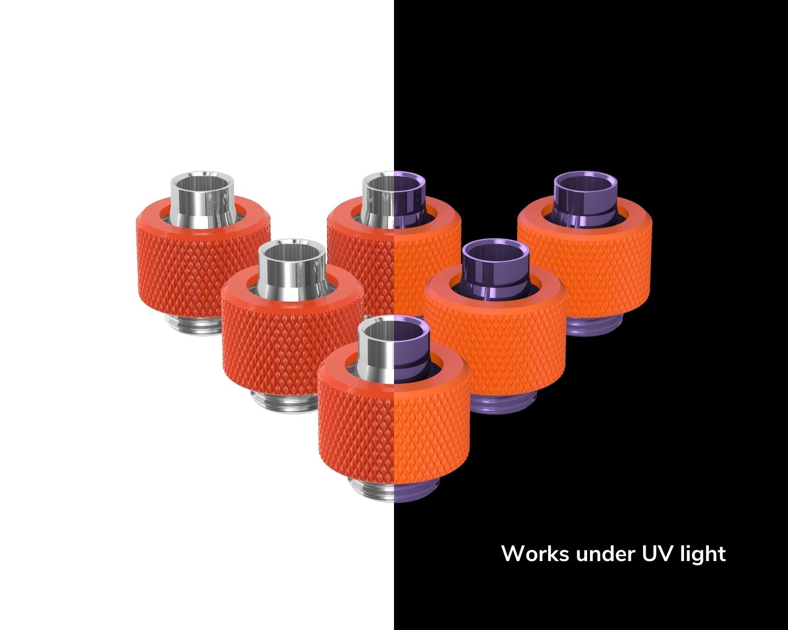 PrimoChill SecureFit SX - Premium Compression Fitting For 3/8in ID x 1/2in OD Flexible Tubing 6 Pack (F-SFSX12-6) - Available in 20+ Colors, Custom Watercooling Loop Ready - UV Orange