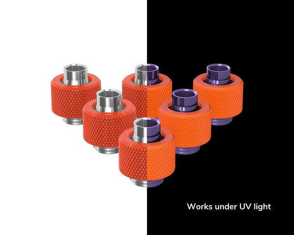 PrimoChill SecureFit SX - Premium Compression Fitting For 3/8in ID x 1/2in OD Flexible Tubing 6 Pack (F-SFSX12-6) - Available in 20+ Colors, Custom Watercooling Loop Ready - PrimoChill - KEEPING IT COOL UV Orange
