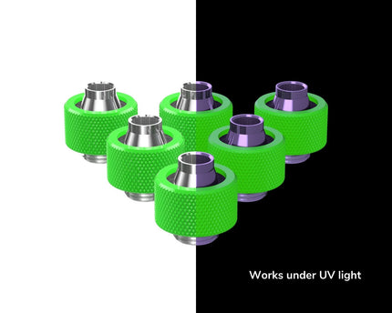 PrimoChill SecureFit SX - Premium Compression Fitting For 3/8in ID x 5/8in OD Flexible Tubing 6 Pack (F-SFSX58-6) - Available in 20+ Colors, Custom Watercooling Loop Ready - PrimoChill - KEEPING IT COOL UV Green