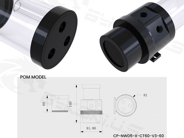 Bykski Complete D5 Pump / 60mm PMMA Reservoir Combo, Armored / POM - Black (CP-NWD5-X-CT60-V3-BK)