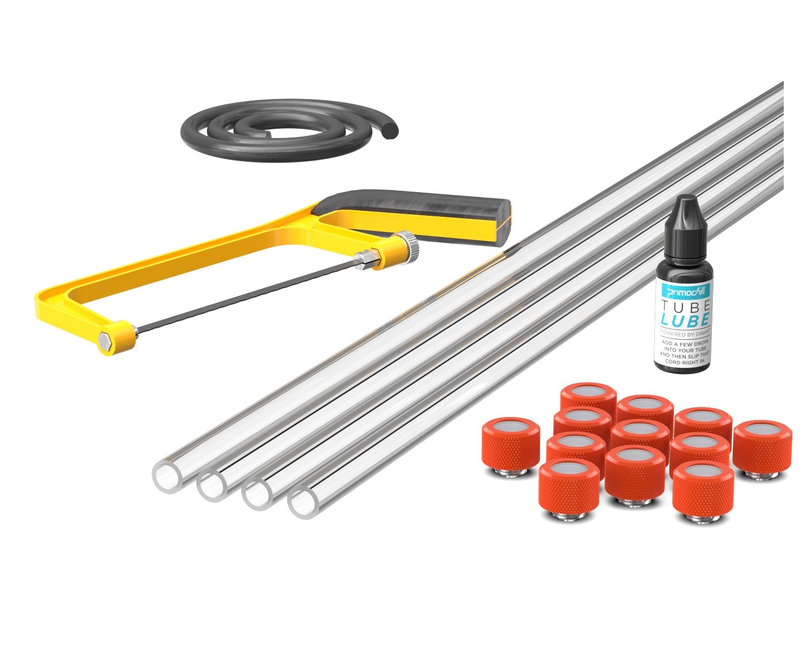 PrimoChill (Professional Kit) 4x 14mm Acrylic/PMMA Tubes, 12x Metrix SX Fitting, Bending Cord and Cutting Tool - UV Orange