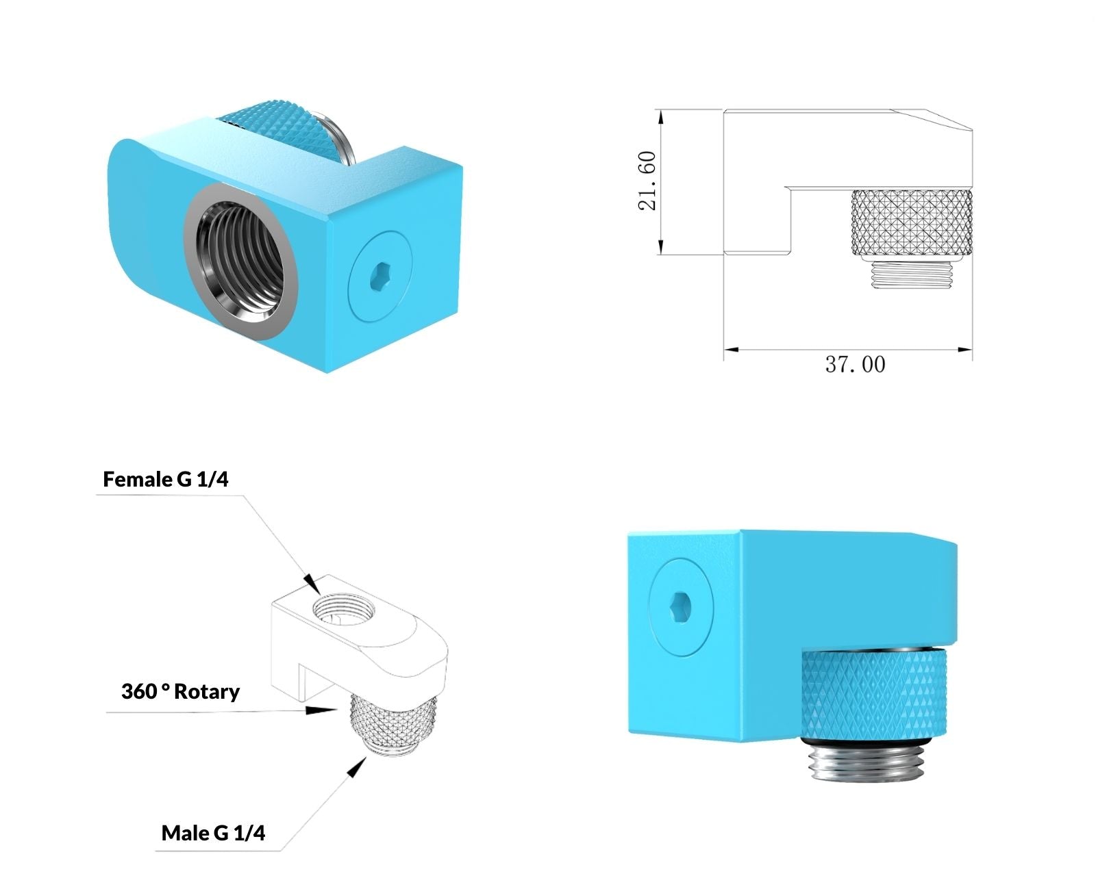 PrimoChill Male to Female G 1/4in. Supported Offset Rotary Fitting - Sky Blue