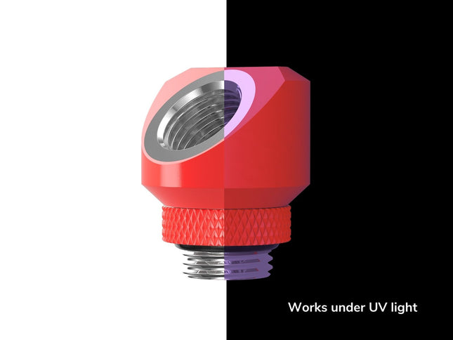 PrimoChill InterConnectSX Flat 45 Degree Rotary Fitting (FAF45) – Enhanced PC Cooling with Sleek Aesthetics - Available in 20+ Colors, Custom Watercooling Loop Ready - UV Red