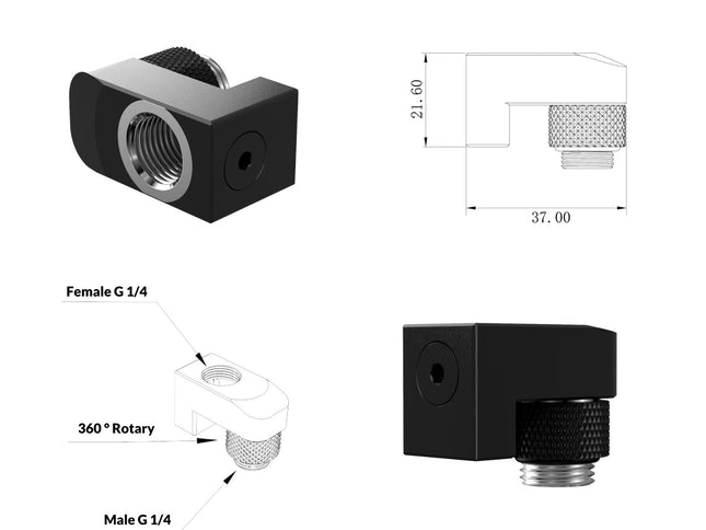 PrimoChill Male to Female G 1/4in. Supported Offset Rotary Fitting - Satin Black