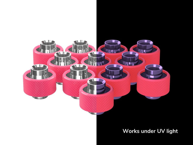 PrimoChill SecureFit SX - Premium Compression Fittings 12 Pack - For 1/2in ID x 3/4in OD Flexible Tubing (F-SFSX34-12) - Available in 20+ Colors, Custom Watercooling Loop Ready - UV Pink