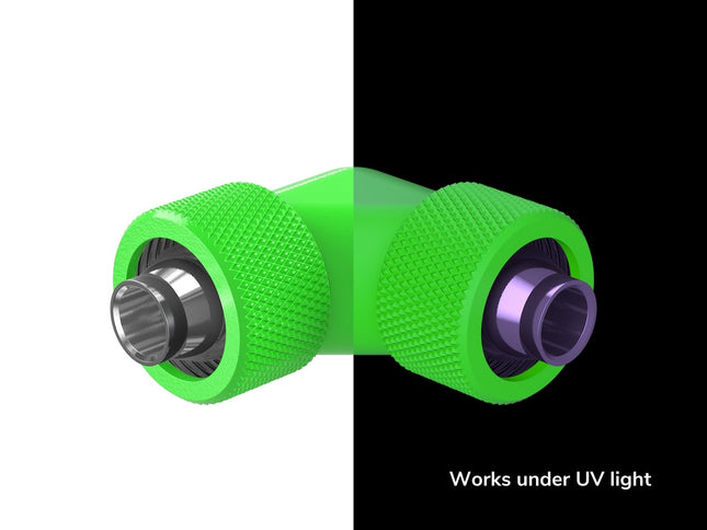 PrimoChill SecureFit SX - Premium 90 Degree Compression Fitting Set For 7/16in ID x 5/8in OD Flexible Tubing (F-SFSX75890) - Available in 20+ Colors, Custom Watercooling Loop Ready - UV Green