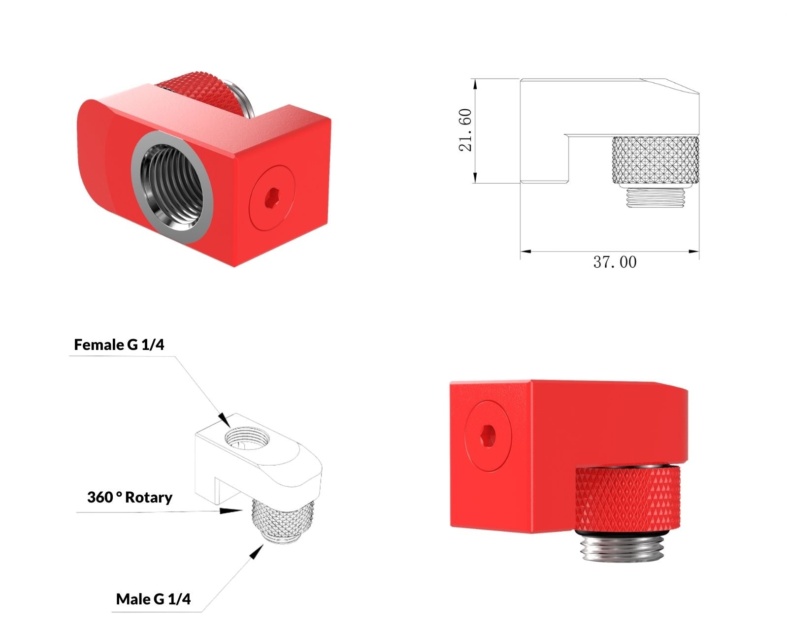 PrimoChill Male to Female G 1/4in. Supported Offset Rotary Fitting - Razor Red