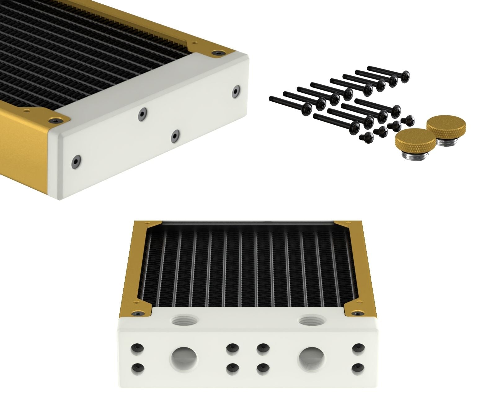 PrimoChill 360SL (30mm) EXIMO Modular Radiator, White POM, 3x120mm, Triple Fan (R-SL-W36) Available in 20+ Colors, Assembled in USA and Custom Watercooling Loop Ready - Gold