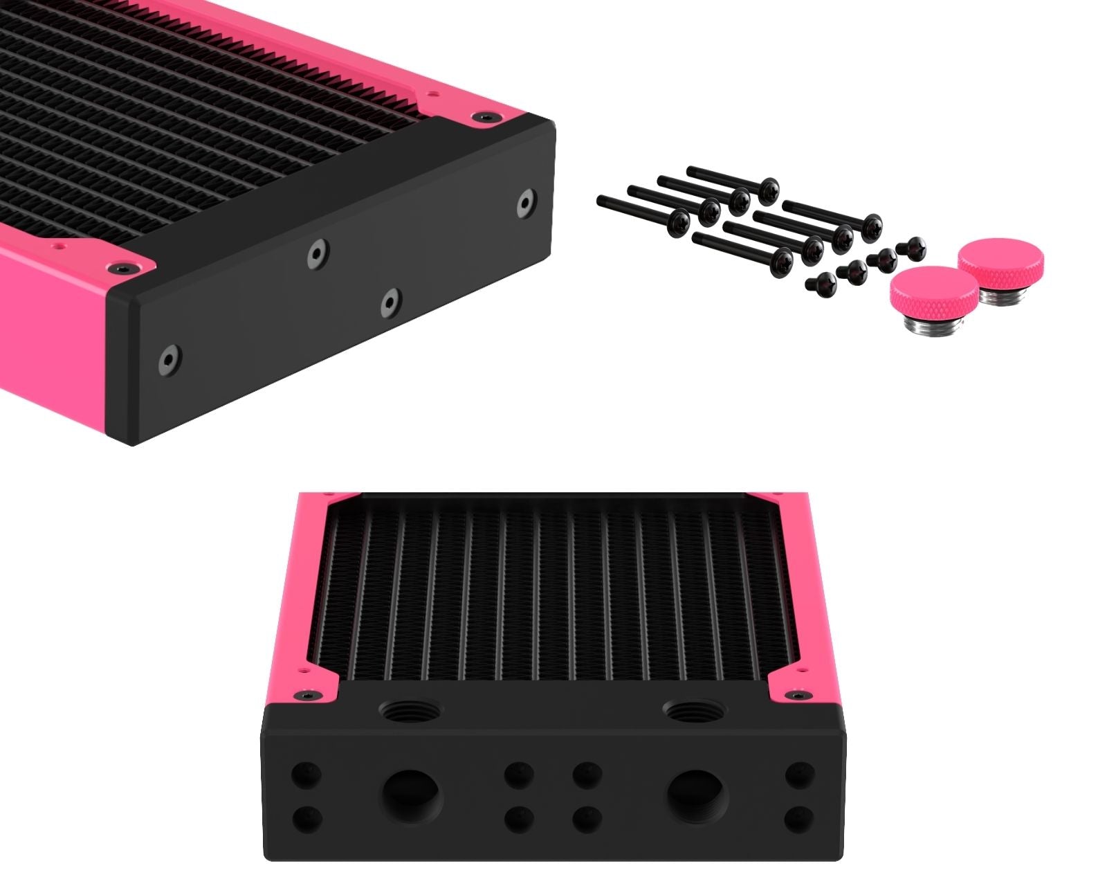 PrimoChill 240SL (30mm) EXIMO Modular Radiator, Black POM, 2x120mm, Dual Fan (R-SL-BK24) Available in 20+ Colors, Assembled in USA and Custom Watercooling Loop Ready - UV Pink