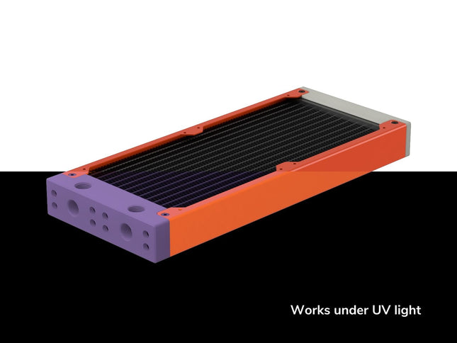 PrimoChill 240SL (30mm) EXIMO Modular Radiator, White POM, 2x120mm, Dual Fan (R-SL-W24) Available in 20+ Colors, Assembled in USA and Custom Watercooling Loop Ready - UV Orange