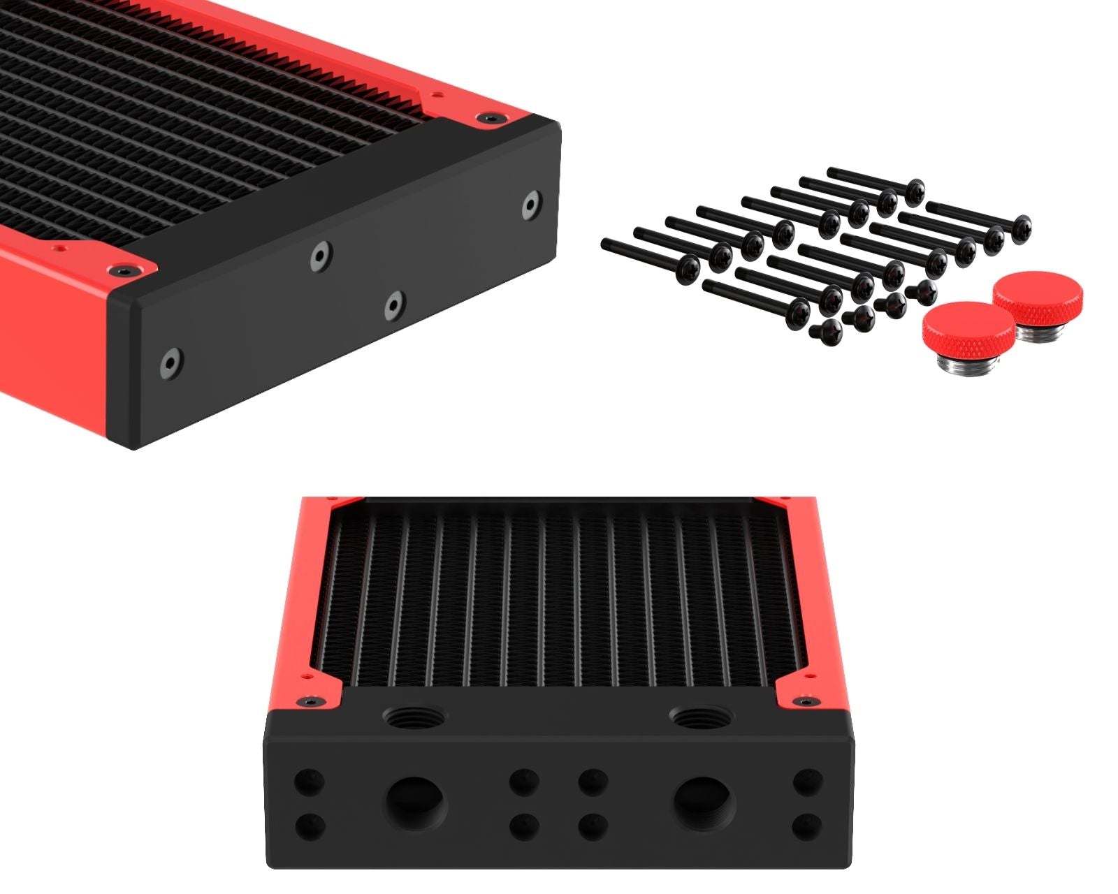 PrimoChill 480SL (30mm) EXIMO Modular Radiator, Black POM, 4x120mm, Quad Fan (R-SL-BK48) Available in 20+ Colors, Assembled in USA and Custom Watercooling Loop Ready - UV Red
