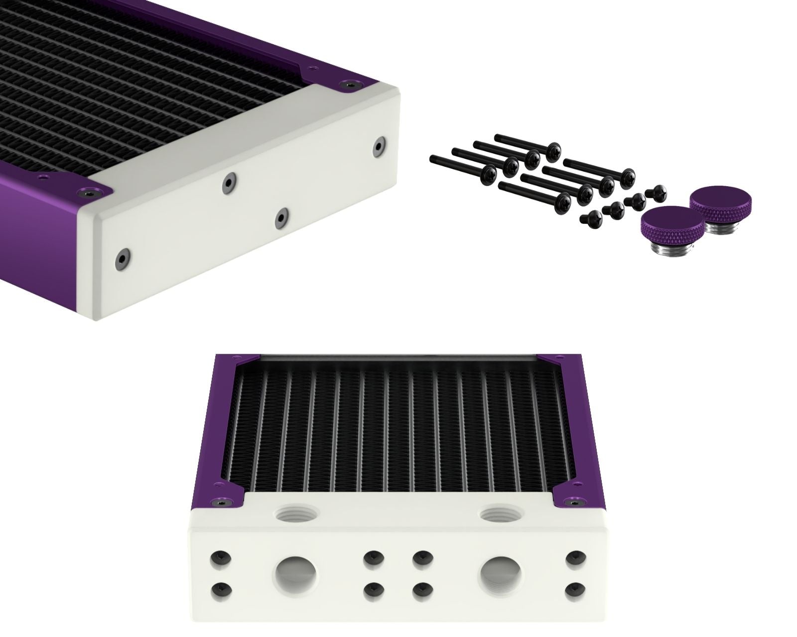 PrimoChill 240SL (30mm) EXIMO Modular Radiator, White POM, 2x120mm, Dual Fan (R-SL-W24) Available in 20+ Colors, Assembled in USA and Custom Watercooling Loop Ready - Candy Purple