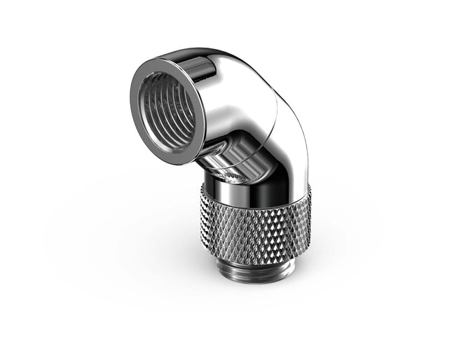 PrimoChill Male to Female G 1/4in. 90 Degree SX Dual Rotary Snake Fitting - Silver Nickel