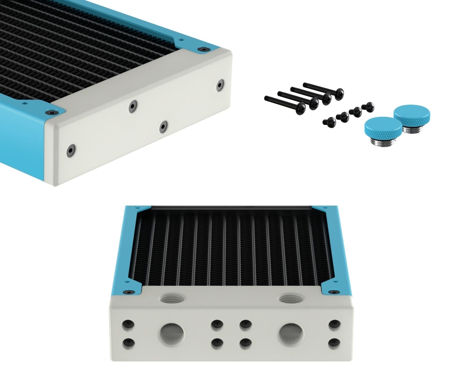 PrimoChill 120SL (30mm) EXIMO Modular Radiator, White POM, 1x120mm, Single Fan (R-SL-W12) Available in 20+ Colors, Assembled in USA and Custom Watercooling Loop Ready - Sky Blue