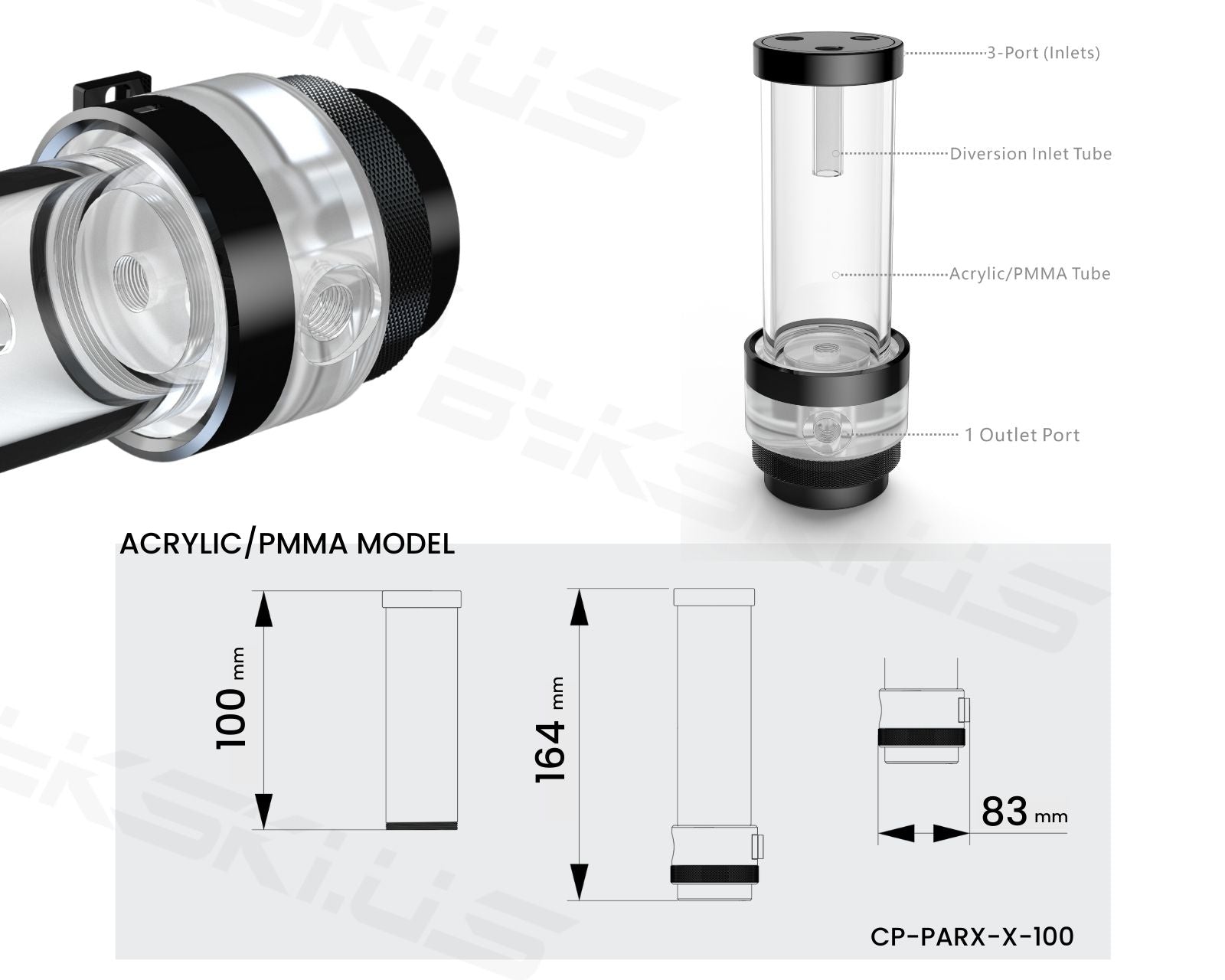 Bykski Silent PARX Pump (330L/H) / Acrylic Reservoir Combo - PMMA w/ 5v Addressable RGB (CP-PARX-X-CT60) - PMMA,100mm