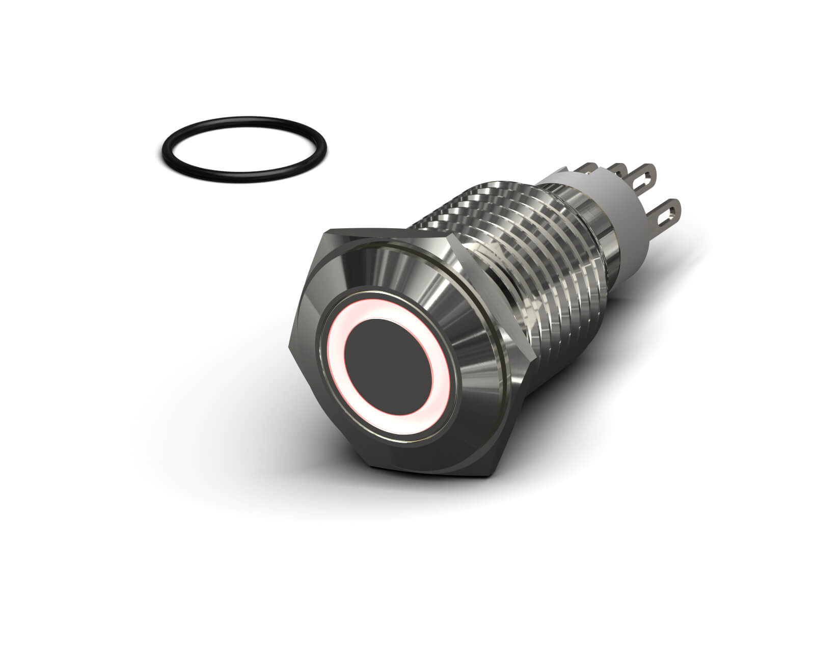 PrimoChill Silver Aluminum Latching Vandal Switch - 16mm - Ring Illumination - Red LED - Red LED Ring