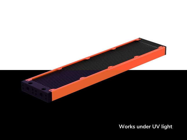 PrimoChill 480SL (30mm) EXIMO Modular Radiator, Black POM, 4x120mm, Quad Fan (R-SL-BK48) Available in 20+ Colors, Assembled in USA and Custom Watercooling Loop Ready - UV Orange