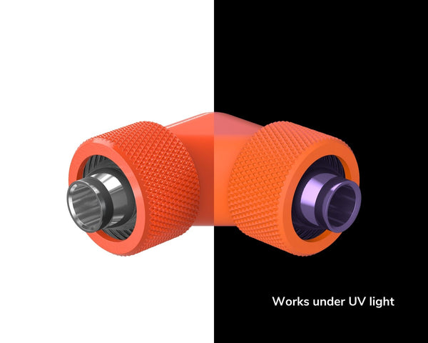 PrimoChill SecureFit SX - Premium 90 Degree Compression Fitting Set For 3/8in ID x 5/8in OD Flexible Tubing (F-SFSX5890) - Available in 20+ Colors, Custom Watercooling Loop Ready - PrimoChill - KEEPING IT COOL UV Orange