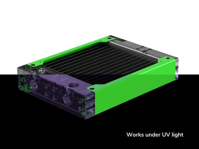 PrimoChill 120SL (30mm) EXIMO Modular Radiator, Clear Acrylic, 1x120mm, Single Fan (R-SL-A12) Available in 20+ Colors, Assembled in USA and Custom Watercooling Loop Ready - UV Green