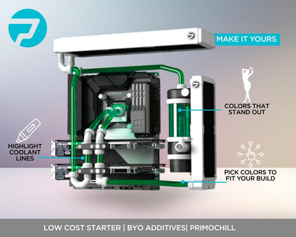 PrimoChill Base - Computer WaterCooling High Purity Deionized Water, No Protection, Add your Additives/Inhibitors, Proudly Made in The USA (32oz/.9L) - Transparent - UV Green
