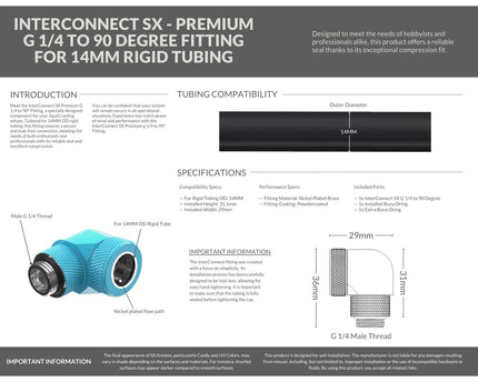 PrimoChill InterConnect SX Premium G1/4 to 90 Degree Adapter Fitting for 14MM Rigid Tubing (FA-G9014) - Sky Blue